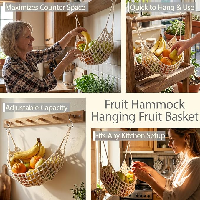 Hanging Fruit Hammock Under Cabinet, 13×16in Macrame Hanging Fruits Basket - Image 6