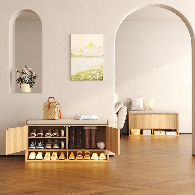 HOMEFORT 39.4" Fluted Shoe Storage Bench, Entryway Bench - Image 3