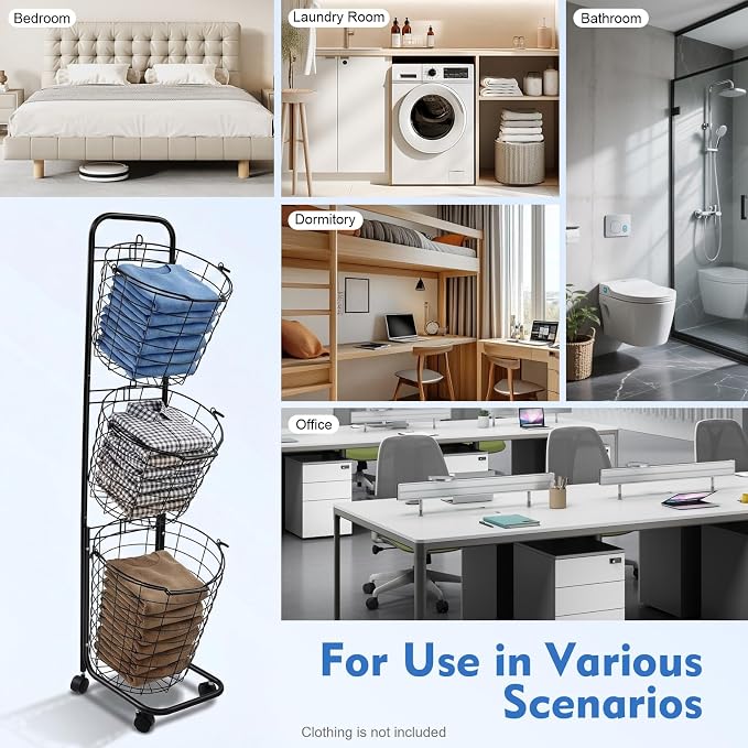 Laundry Basket on Wheels, 3 Tier Large Laundry Hampers, 10.4 * 13 * 48.4inch - Image 9