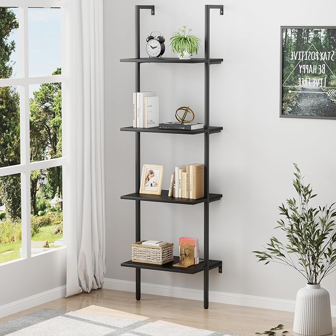 Ladder Shelf 4 Tiers Metal Industrial Bookshelf, Wall Mount Wide Book Case - Image 7