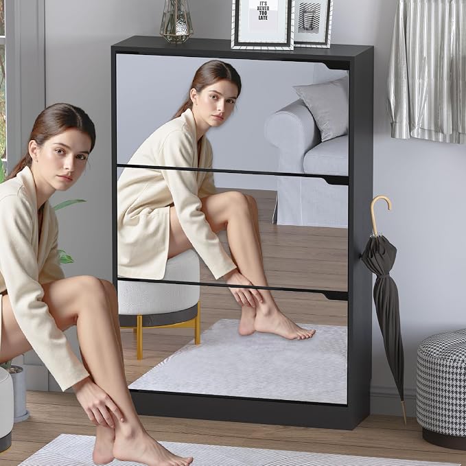 BORNOON Shoe Cabinet with 3-Flip Mirror Drawers, Freestanding Shoe Rack - Image 3