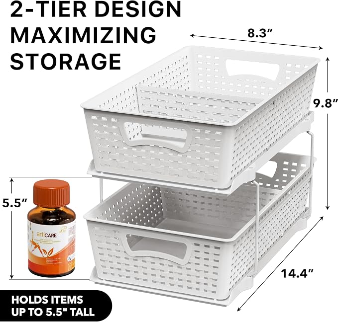 Simple Houseware 2 Tier Bathroom Organizer Tray Pull-Out Sliding Drawer - Image 2
