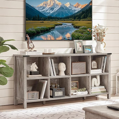 8 Cube Book Shelf, Farmhouse Wood Long Storage Organizer Bookcase, Hallway TV - Image 4