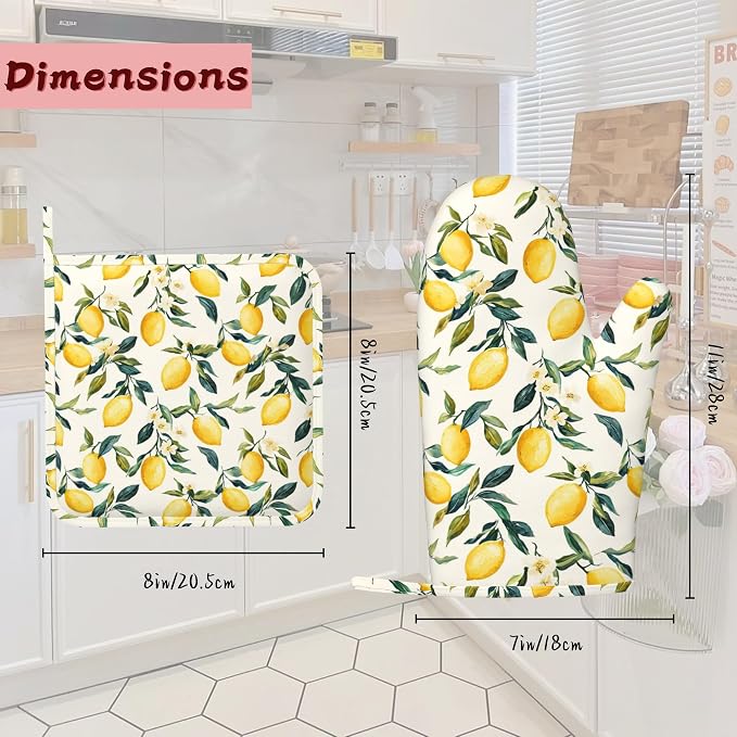 Retro Lemon Floral Silicone Oven Mitts and Pot Holders, Heat-Resistant 4 Piece - Image 2