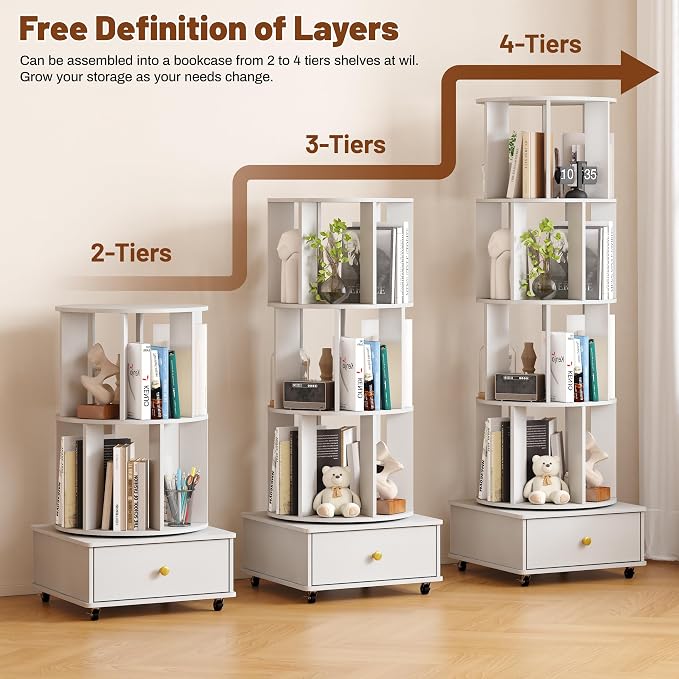 4 Tier Wood Rotating Bookshelf, 360° Spinning Bookshelf Tower - Image 7