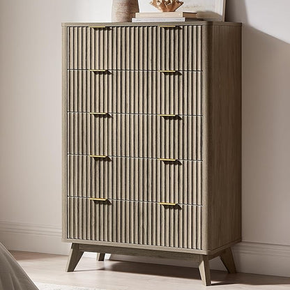 T4TREAM Fluted 5 Drawers Dresser, Curved Profile Design, Wood Drawer Organizer - Image 3