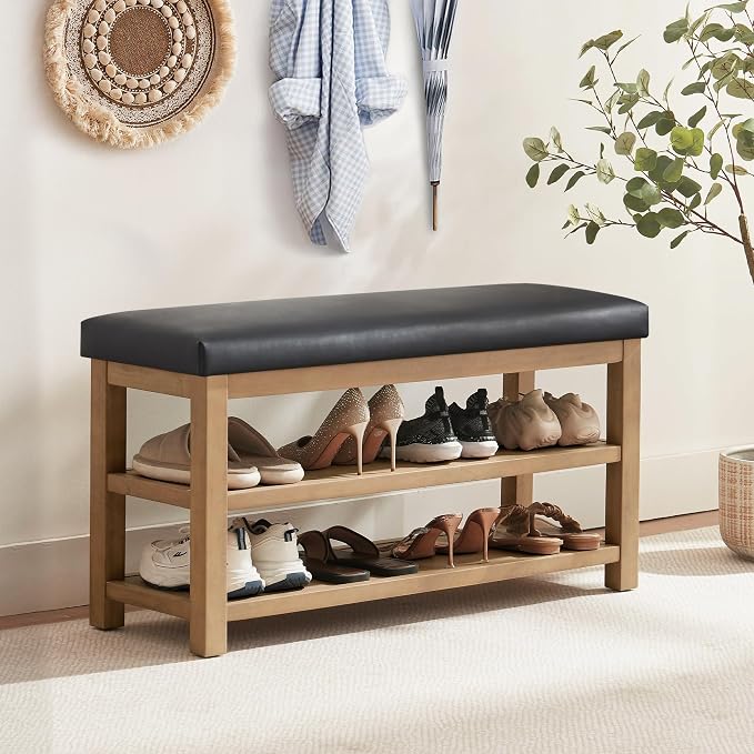 Zihanhome Shoe Rack Bench with Leather Cushion, 2 Tier Solid Wood Storage Bench - Image 3