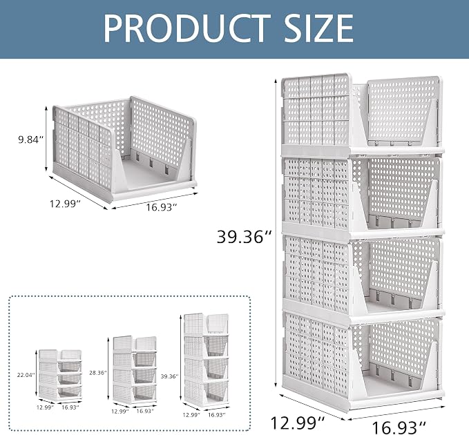 VECELO 4 Pack Plastic Closet Shelf Organizer, Stackable Sweater Storage Closet - Image 2