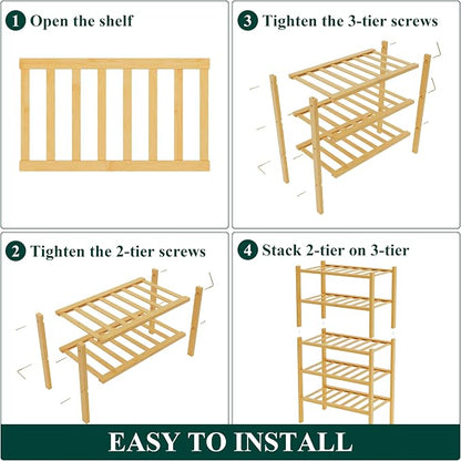 Smiry Bamboo Shoe Rack for Closet, 5 Tier Small Wooden Stackable Shoe Organizer - Image 6