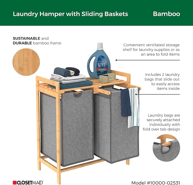 ClosetMaid Bamboo Laundry Hamper and Shelf, 2 Sliding Bag Sections, Laundry - Image 3