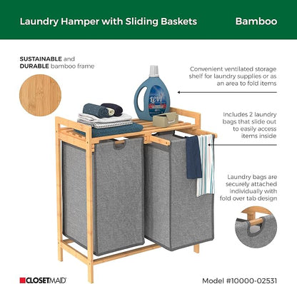 ClosetMaid Bamboo Laundry Hamper and Shelf, 2 Sliding Bag Sections, Laundry - Image 3