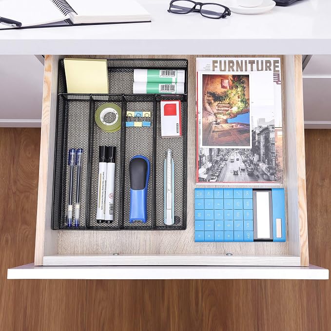 WuGeShop Office Desk Drawer Organizer, 5 Compartments Mesh Drawer Organizer Tray - Image 4