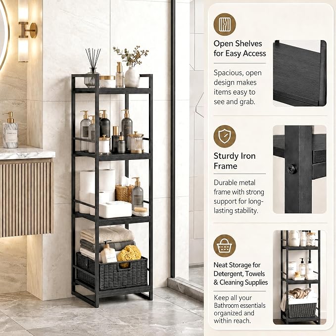 BYFU 4 Tier Bathroom Storage Open Shelf Black Metal Corner Storage Rack | 46.1" - Image 6