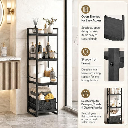 BYFU 4 Tier Bathroom Storage Open Shelf Black Metal Corner Storage Rack | 46.1" - Image 6