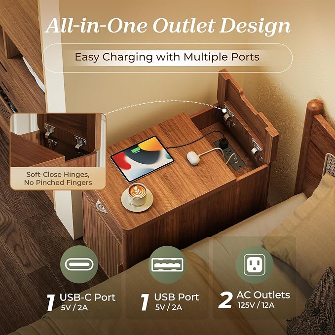 Huuger Narrow End Table with Charging Station, USB-C Port, Fluted Nightstand - Image 5