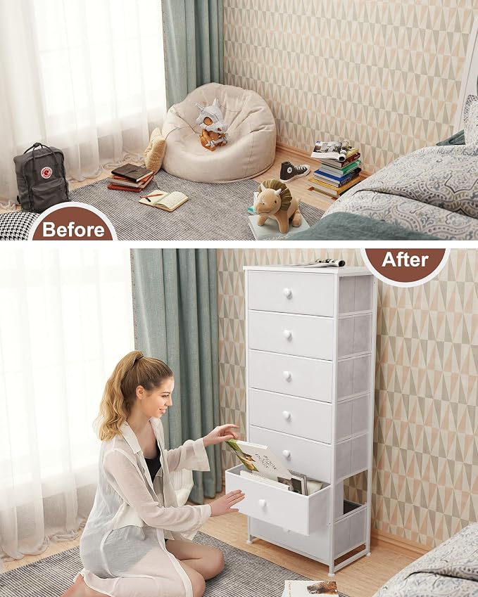 Fabric Dresser for Bedroom, 7-Drawer Tall Vertical Storage Tower | Wooden Top - Image 5