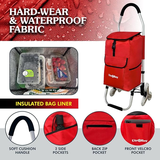 Ultra-Lightweight Foldable Stair-Climbing Red Shopping Cart - 42L Capacity - Image 3