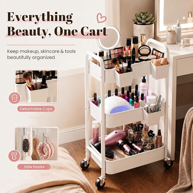 3 Tier Rolling Cart Metal with Wheels, Storage Utility Carts - Image 7