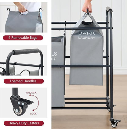 Tajsoon 4 Bag Laundry Sorter Cart, 4 Section Laundry Hamper Sorter - Image 4