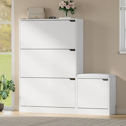 BORNOON Shoe Cabinet with Bench and 3 Flip Drawers, Slim Narrow Shoe Storage - Image 3