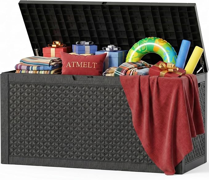 150 Gallon Outdoor Storage Box, Large Resin Deck Box Waterproof, Lockable Toy by ATMELT