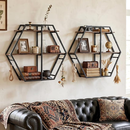 Tangkula Hexagon Wall Shelf, 3-Tier Geometric Bookcase - Image 6