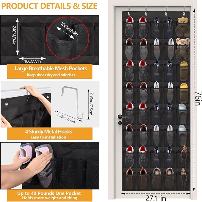 Over The Door Shoe Organizer, 40 Large Mesh Pockets Hanging Shoe Rack Organizer - Image 3