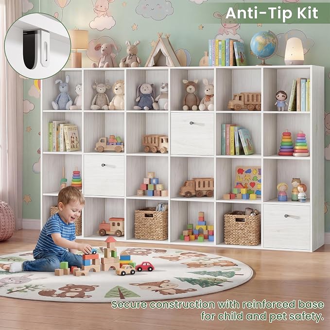 Large 24 Cube Storage Bookshelf, Washed White Wood Bookcase - Image 8