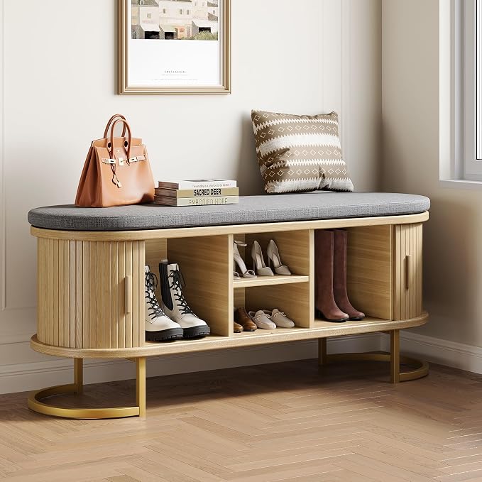 Decofy Shoe Storage Bench with Cushion and Sliding Doors, 47.2 Inch Shoe Bench by Decofy