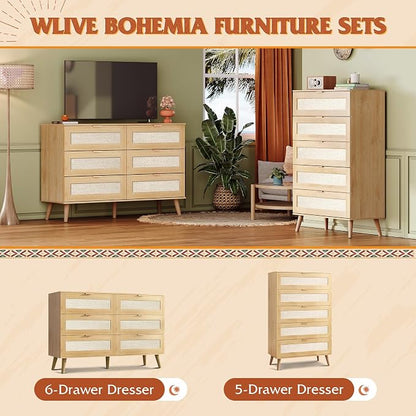 WLIVE Rattan Dresser for Bedroom, 6 Drawer 47.24'' Wide Boho Wood Dresser - Image 9