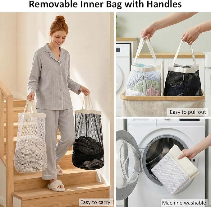 efluky Laundry Hamper with Lid, Double Laundry Basket with 2 Removable Bags - Image 4