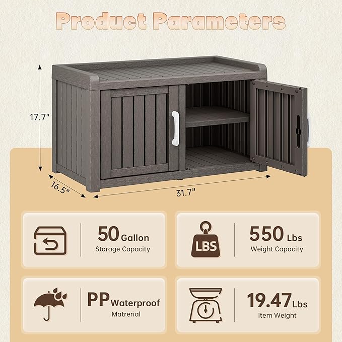 2-Tier Storage Bench, Waterproof UV-Resistant Outdoor Shoe Storage Cabinet - Image 2