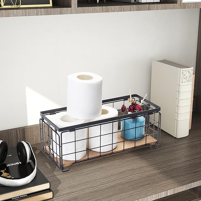 Metal Wire Storage Basket, Toilet Paper Roll Holder Wood Base Countertop Decor - Image 2