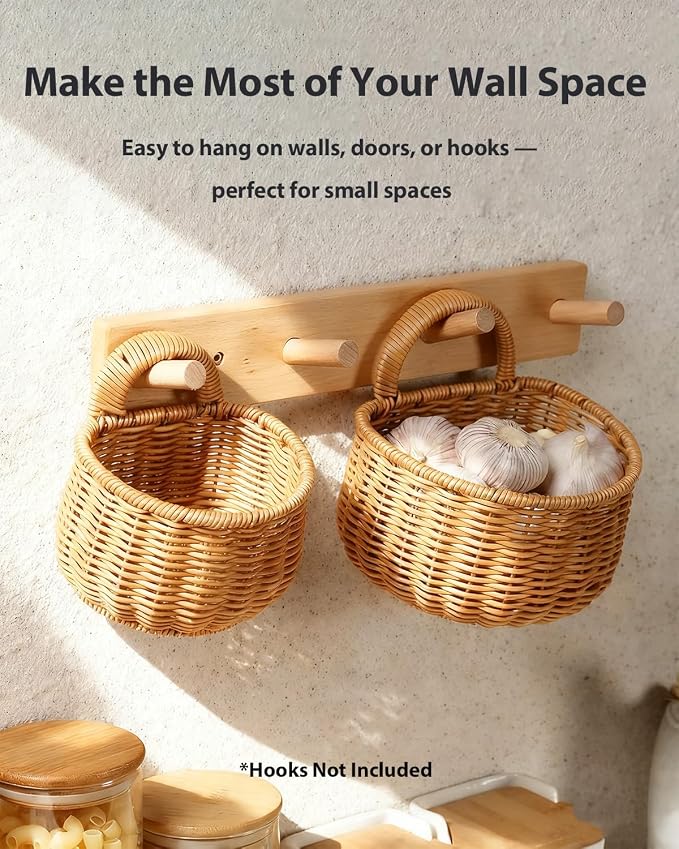 2 Pack Wall Hanging Rattan Baskets, Hand-Woven Storage Basket, Small Wall - Image 3