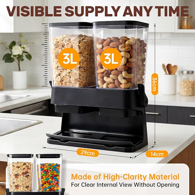 Cereal Dispenser Countertop 2 Pack, Double 3L Airtight Cereal Storage Container - Image 5