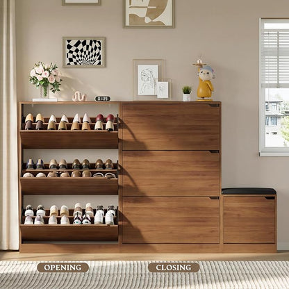BORNOON Shoe Cabinet with Bench and 3 Flip Drawers, Slim Narrow Shoe Storage - Image 5