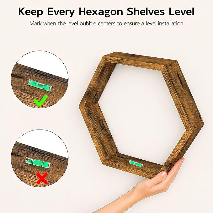 CADUKE Hexagon Floating Shelves, Decorative Wall Mounted Shelves, Wooden - Image 4
