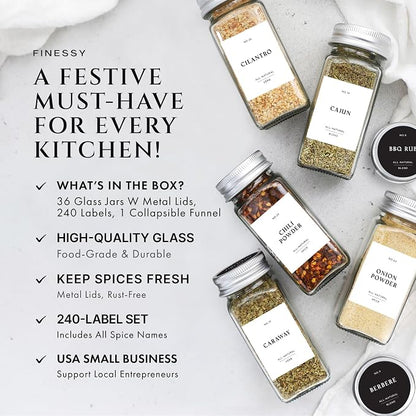 Glass Spice Jars with Labels with Metal Lids and Shakers Farmhouse 36 Pack Set - Image 2