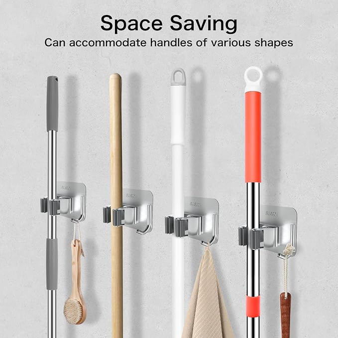 nacena 4 Pack No Drill Self Adhesive Broom Mop Holder Wall Mount - Image 8