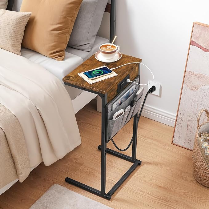HOOBRO C Shaped End Table with Charging Station, Sofa Arm Tray Table with - Image 9