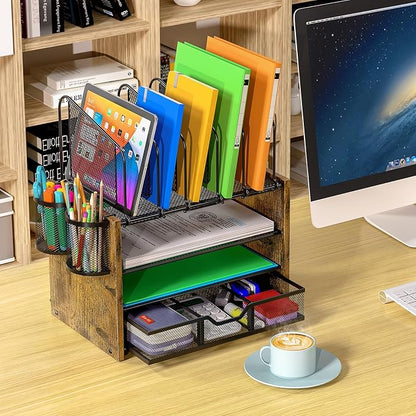 DAOUTIME 4-Tier Mesh Desk Organizer, Wooden Desk File Organizer - Image 3