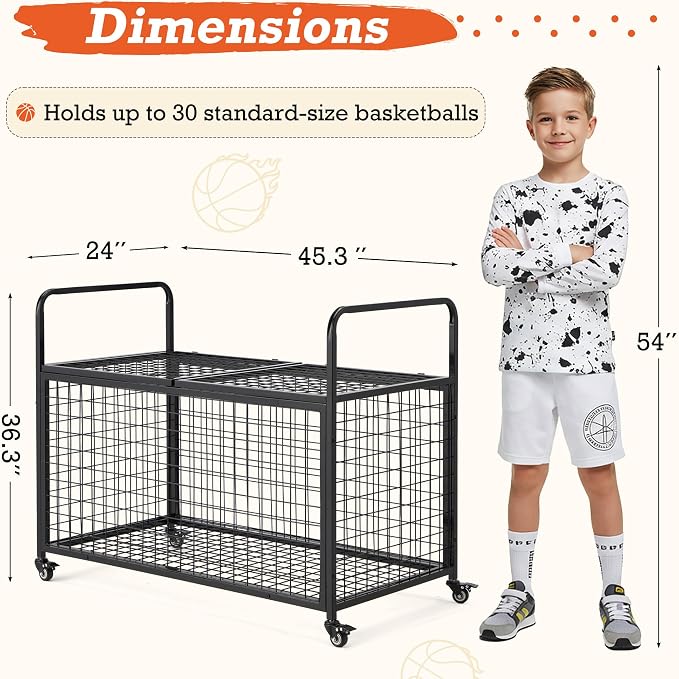 AECOJOY Ball Cart Storage, Rolling Basketball Bin - Image 2