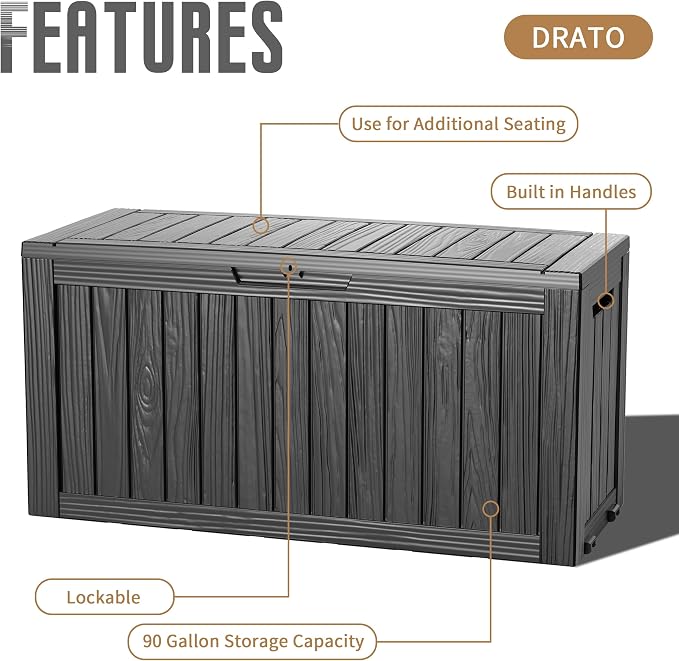 DRATO 90 Gallon Deck Boxes Outdoor Waterproof, Lockable Outside Storage Box - Image 4