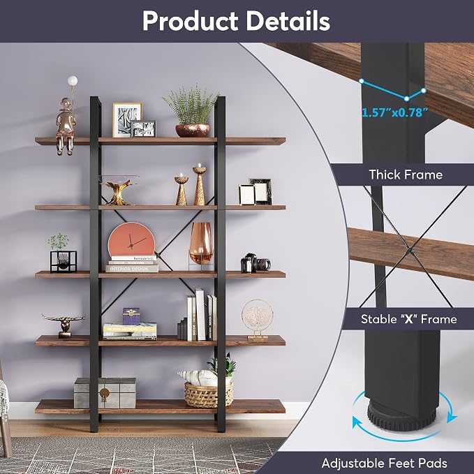 Tribesigns 5-Tier Bookshelf, Vintage Industrial Style Bookcase 72 H x 12 W x - Image 8