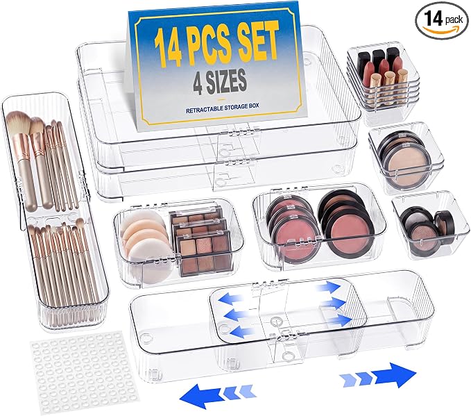 Aneco 14 Pieces Extendable Clear Drawer Organizer Adjustable Vanity Storage Box by Aneco