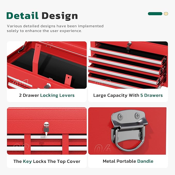 Greenvelly Tool Chest, 5-Drawer Rolling Tool Chest - Image 4