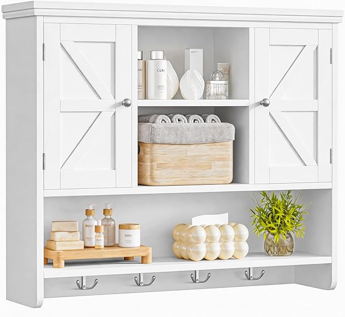 Bathroom Wall Cabinet with Doors and Hooks, 3-Tier Wall Mounted Cabinet | by Keehusux