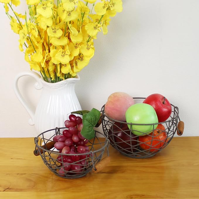 CVHOMEDECO. Round Wire Egg Baskets Rustic Fruit Baskets - Image 4