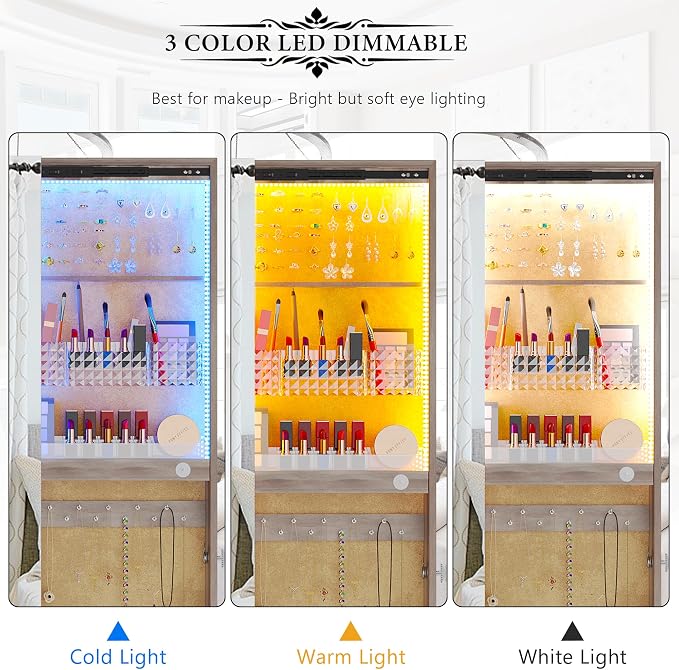 HNEBC 360° Rotating LED Jewelry Armoire, Full Length Mirror - Image 3
