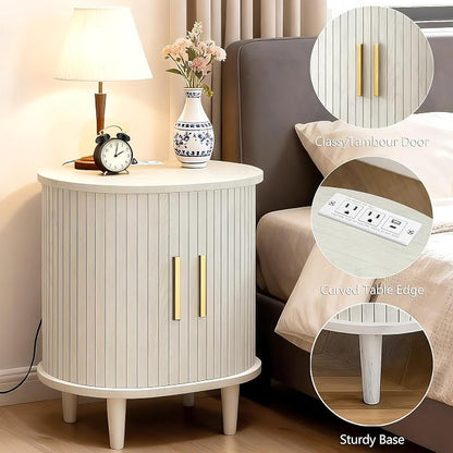 Nightstand with Charging Station, Fluted Accent Side Table with Sliding Door & - Image 6